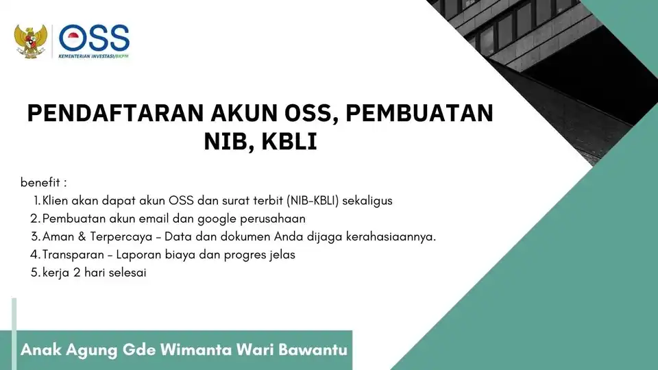 Jasa Pendaftaran akun OSS, NIB -KBLI langsung jadi 2 hari max - Pendirian Usaha, Profesional, Bergaransi